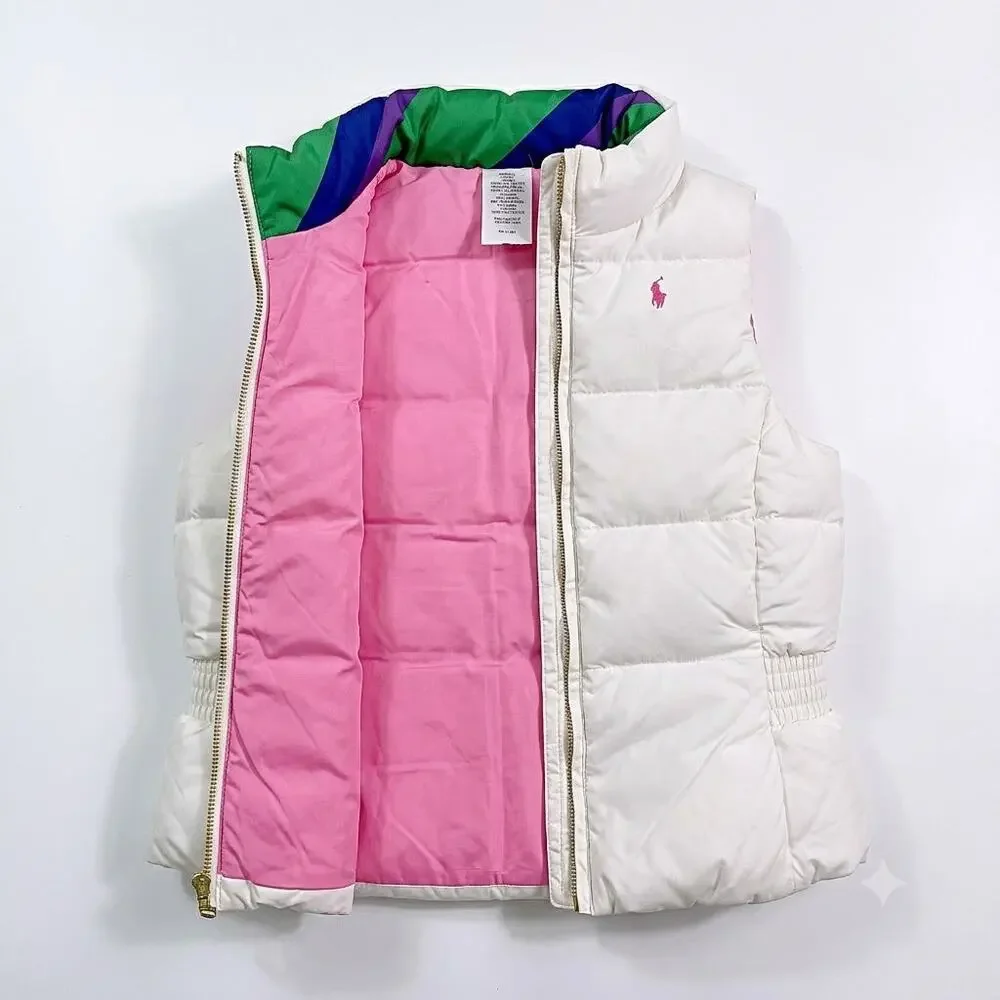 Ralph Lauren Reversible Down Puffer Vest White Pink Insulated Girls 6